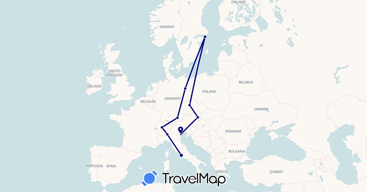 TravelMap itinerary: driving in Austria, Switzerland, Czech Republic, Germany, Italy, Sweden (Europe)